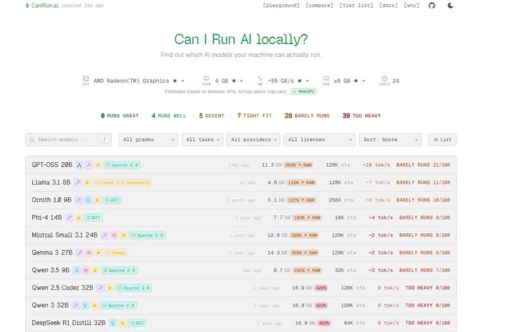 检测电脑能不能运行本地大模型的网页工具:Can I Run AI